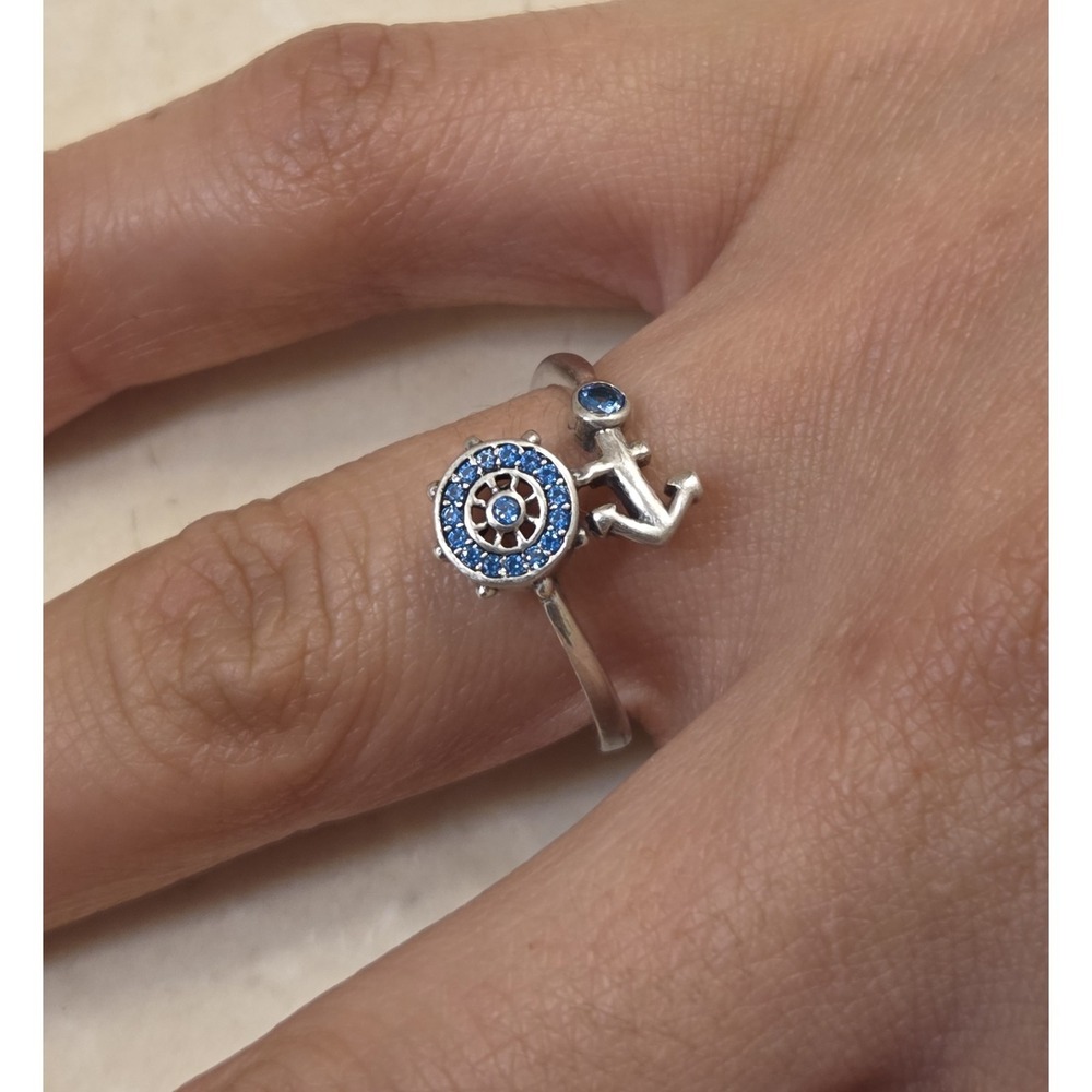 Bamoer Sterling Silver Blue Topaz Anchor‎ Helm Wheel Ring Size 7.5